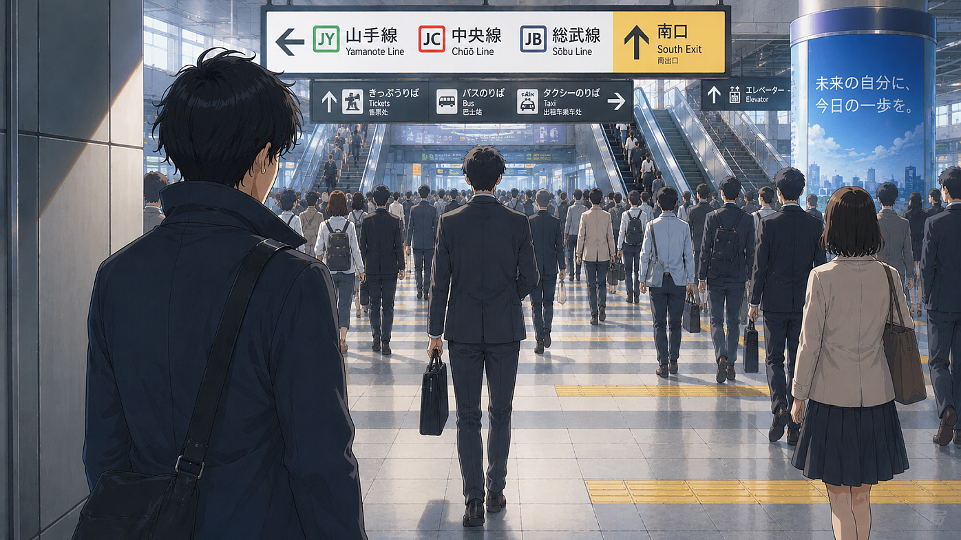 都市部の駅で尾行を行う調査員のイメージイラスト